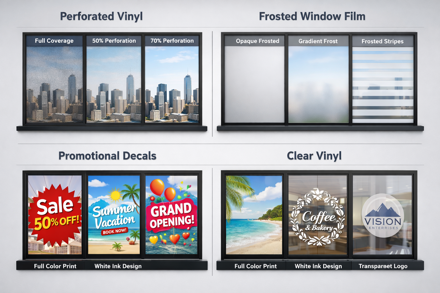 Professional landscape format (1536x1024) image displaying various types of window graphics including perforated vinyl, frosted films, and c