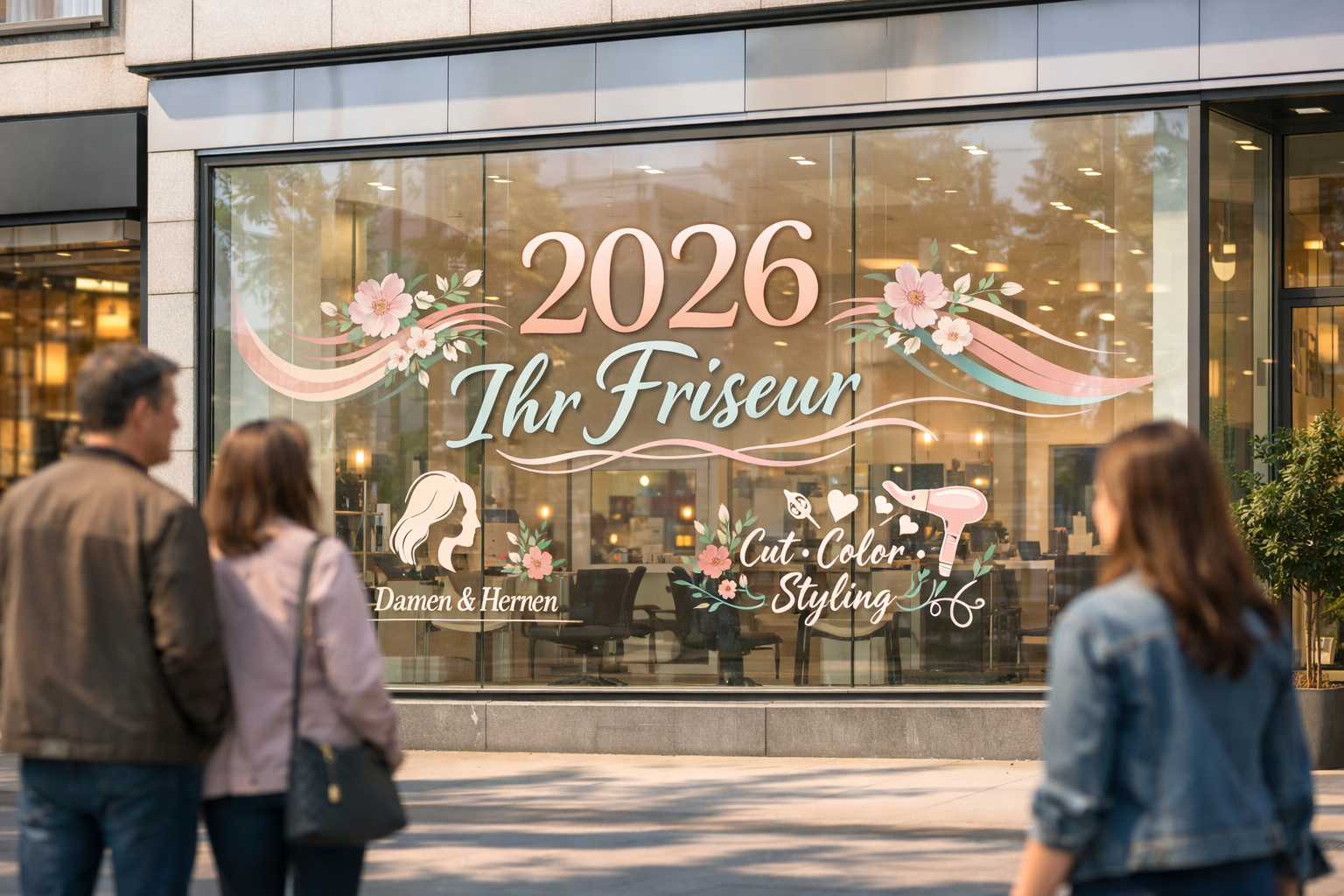 Detailed landscape format (1536x1024) image of a hair salon storefront featuring '2026 Ihr Friseur' window decals, modern glass facade with