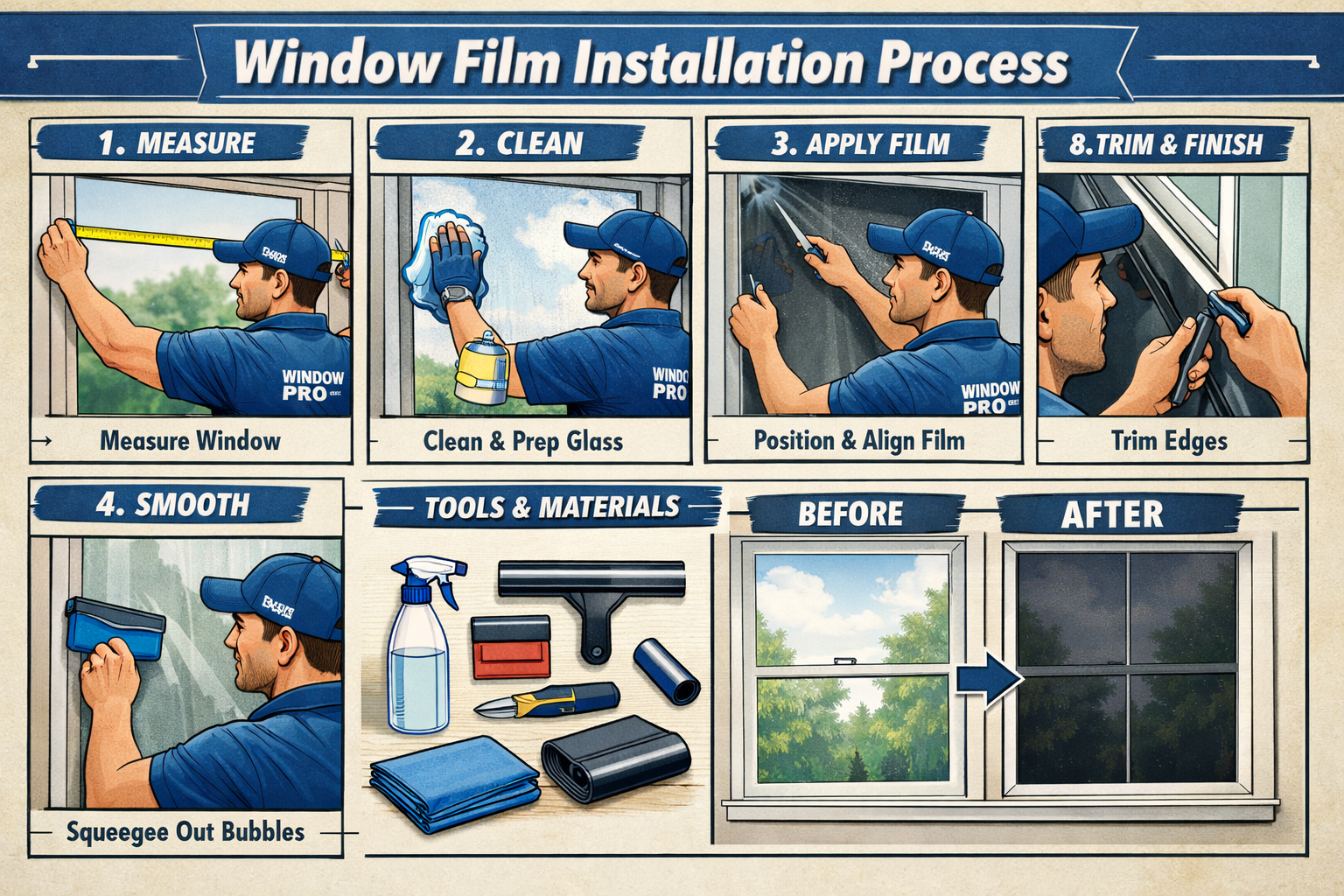 Professional landscape format (1536x1024) image showing step-by-step window application process, multiple panels displaying measurement, cle