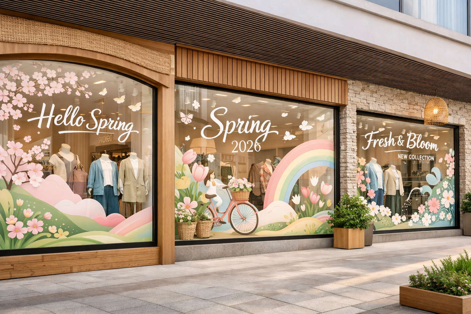 Detailed landscape format (1536x1024) image of beautifully designed storefront windows with seasonal spring 2026 themes, pastel colored viny