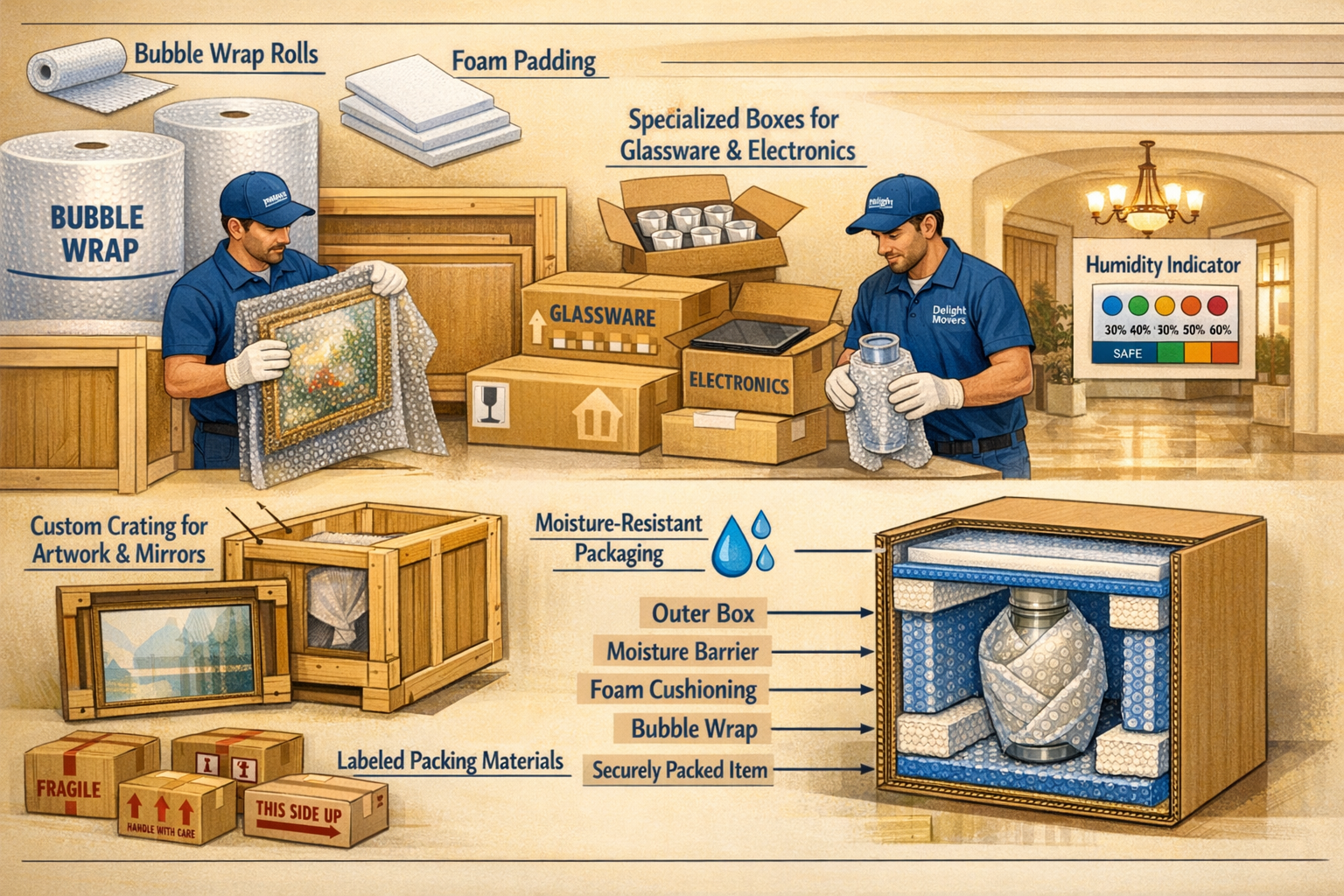 Landscape format (1536x1024) cross-section illustration of professional fragile items packing station showing layered protection system: bub