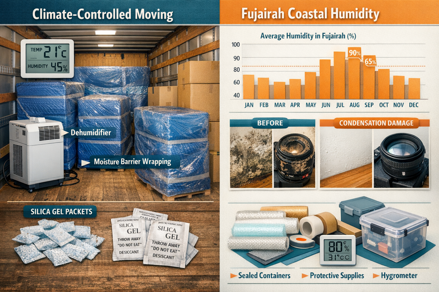 Landscape format (1536x1024) split-screen comparison showing humidity protection methods: left side displays climate-controlled moving truck