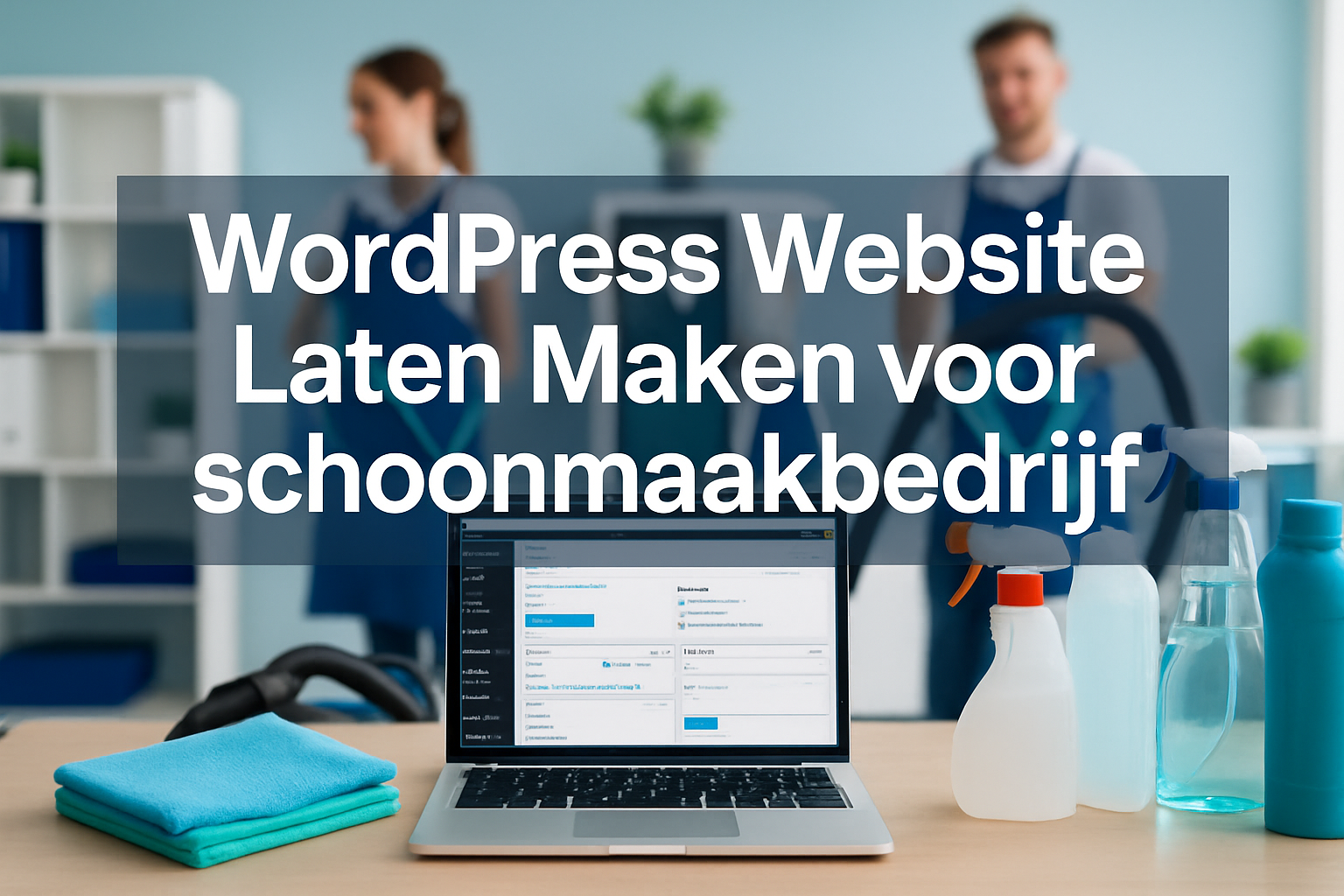 Professional landscape hero image (1536x1024) featuring bold text overlay 'WordPress Website Laten Maken voor schoonmaakbedrijf' in extra la