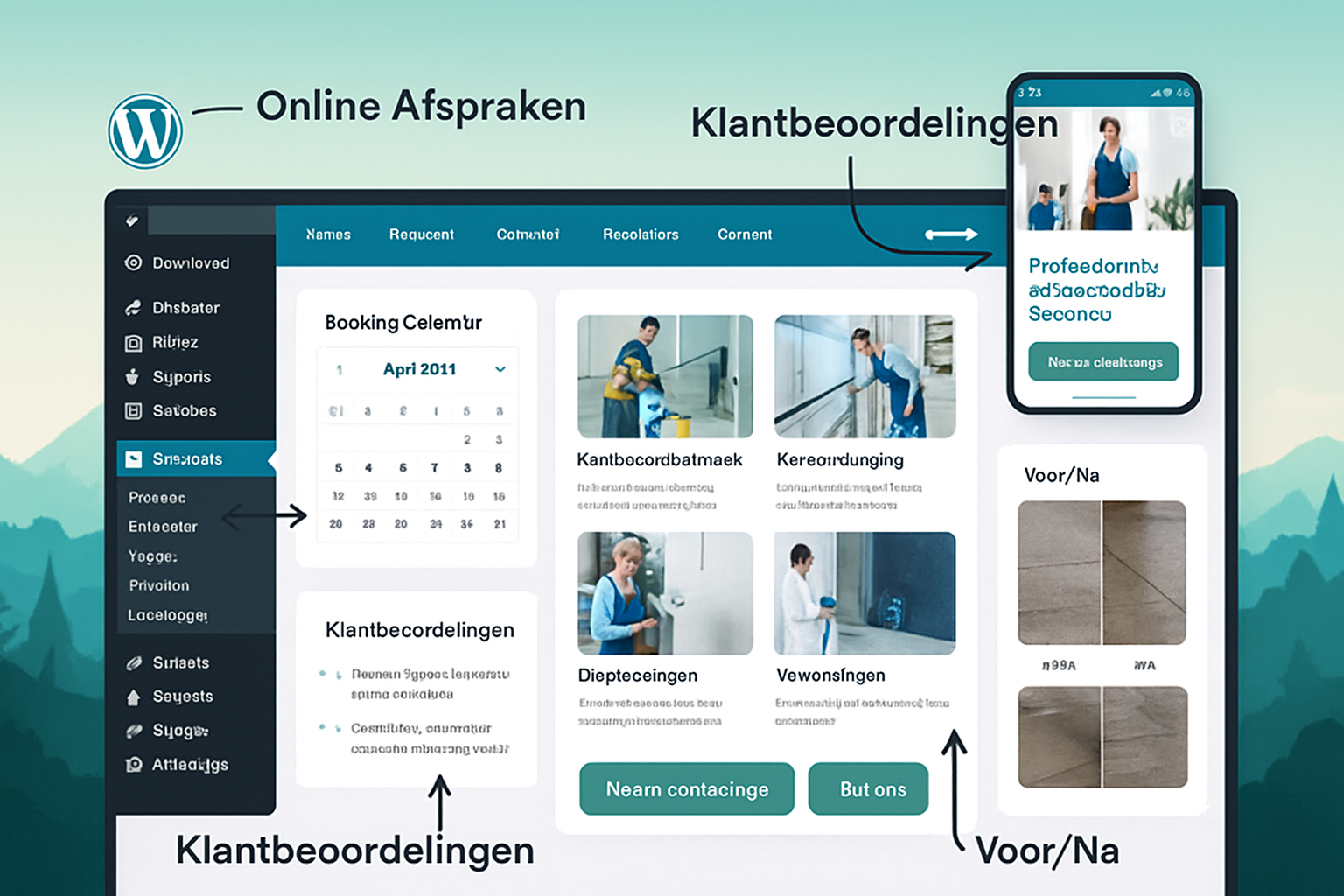Detailed landscape infographic (1536x1024) showing WordPress dashboard interface specifically designed for cleaning company website, with vi