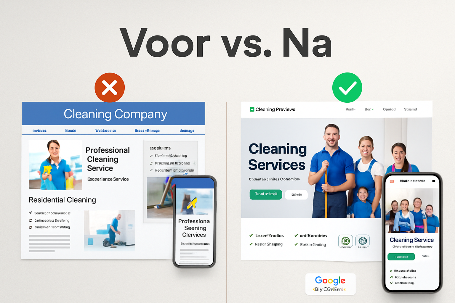 Split-screen comparison landscape image (1536x1024) showing left side: outdated, unprofessional cleaning company website with cluttered layo