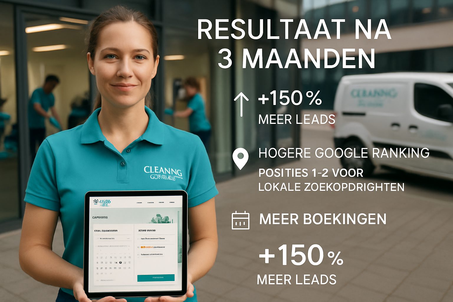 Landscape photograph (1536x1024) showing successful cleaning company owner in branded uniform standing confidently in front of modern office