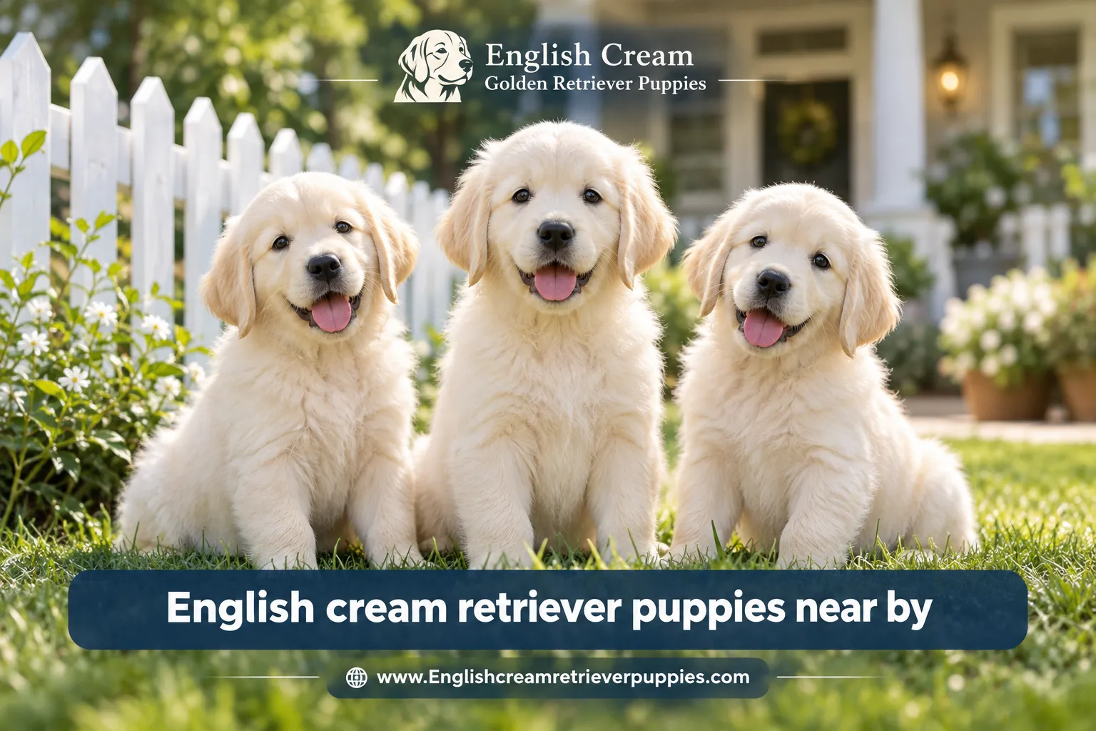 Professional () editorial hero image with SHORT (≤42 chars): 'English cream retriever puppies near by', crisp white on a