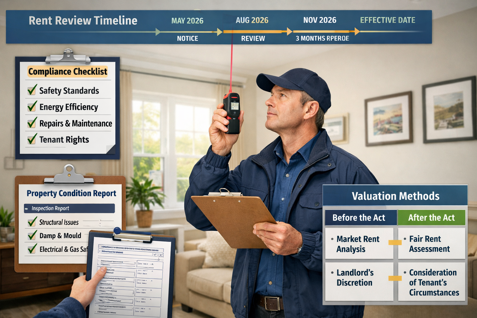 () editorial image showing detailed UK Renters' Rights Act 2026 compliance assessment scene with professional surveyor