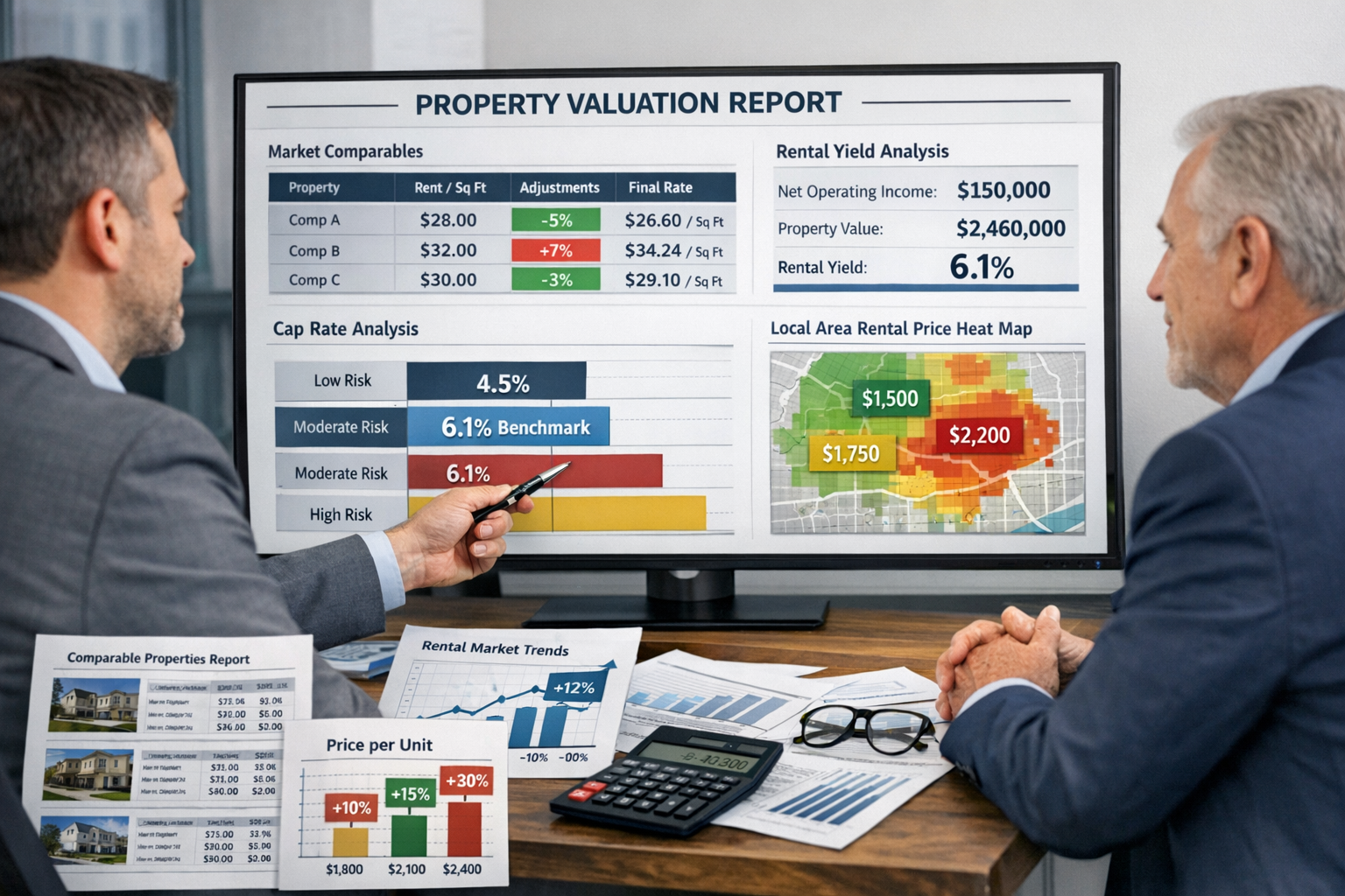 () professional business scene showing surveyor presenting evidence-based rent review analysis to landlord in modern office