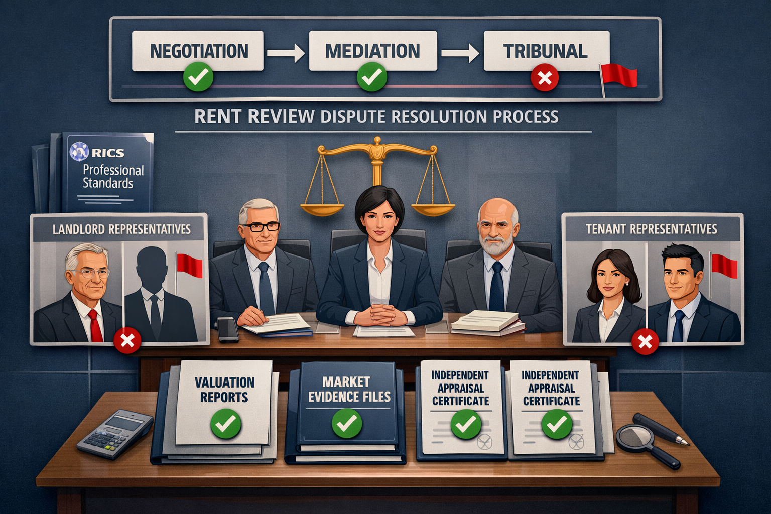 () conceptual illustration of dispute resolution process for rent reviews showing three-stage escalation pathway. Visual