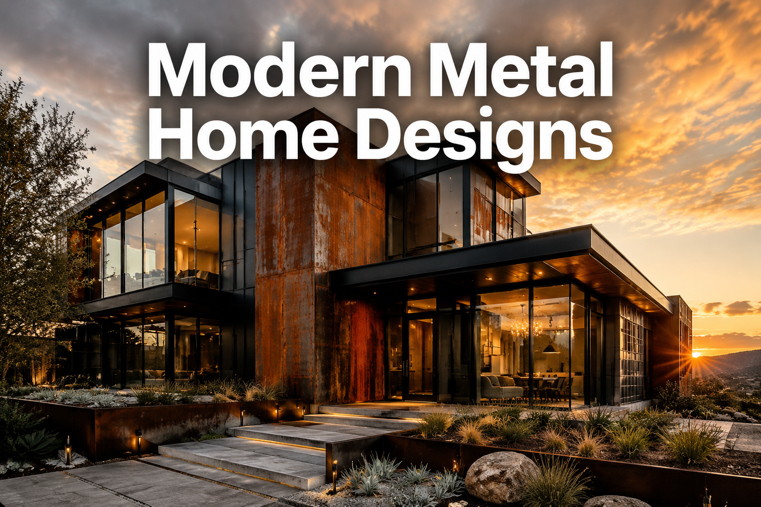 Professional () hero image with : 'Modern Metal Home Designs' in extra large white with dark drop , centered upper-third
