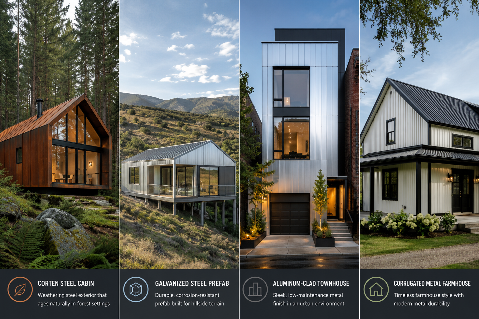 Detailed () architectural comparison image showing four distinct modern metal home design styles side by side: a Corten