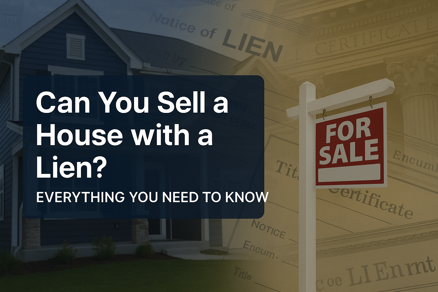 Professional landscape hero image (1536x1024) featuring bold text overlay 'Can You Sell a House with a Lien? Everything You Need to Know' in