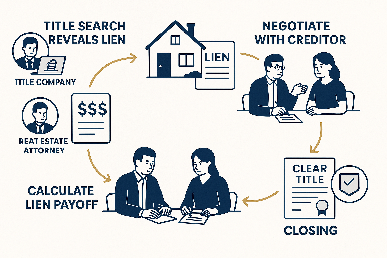 Step-by-step process flowchart (1536x1024) illustrating the journey of selling a house with a lien from discovery to closing. Visual timelin
