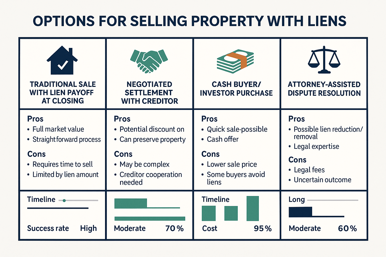 Comparison table visualization (1536x1024) showing four different options for selling property with liens: traditional sale with lien payoff