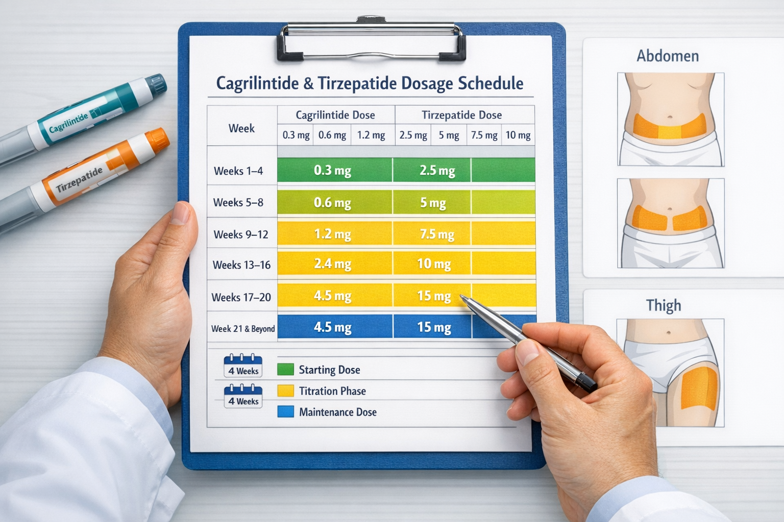 Professional landscape editorial image (1536x1024) depicting comprehensive dosage chart table with clear columns for cagrilintide doses (0.3