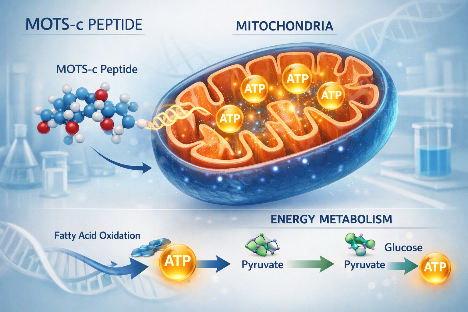 A detailed infographic illustrating the molecular structure of mots c peptide, highlighting its mitochondrial origin and its role in cellula