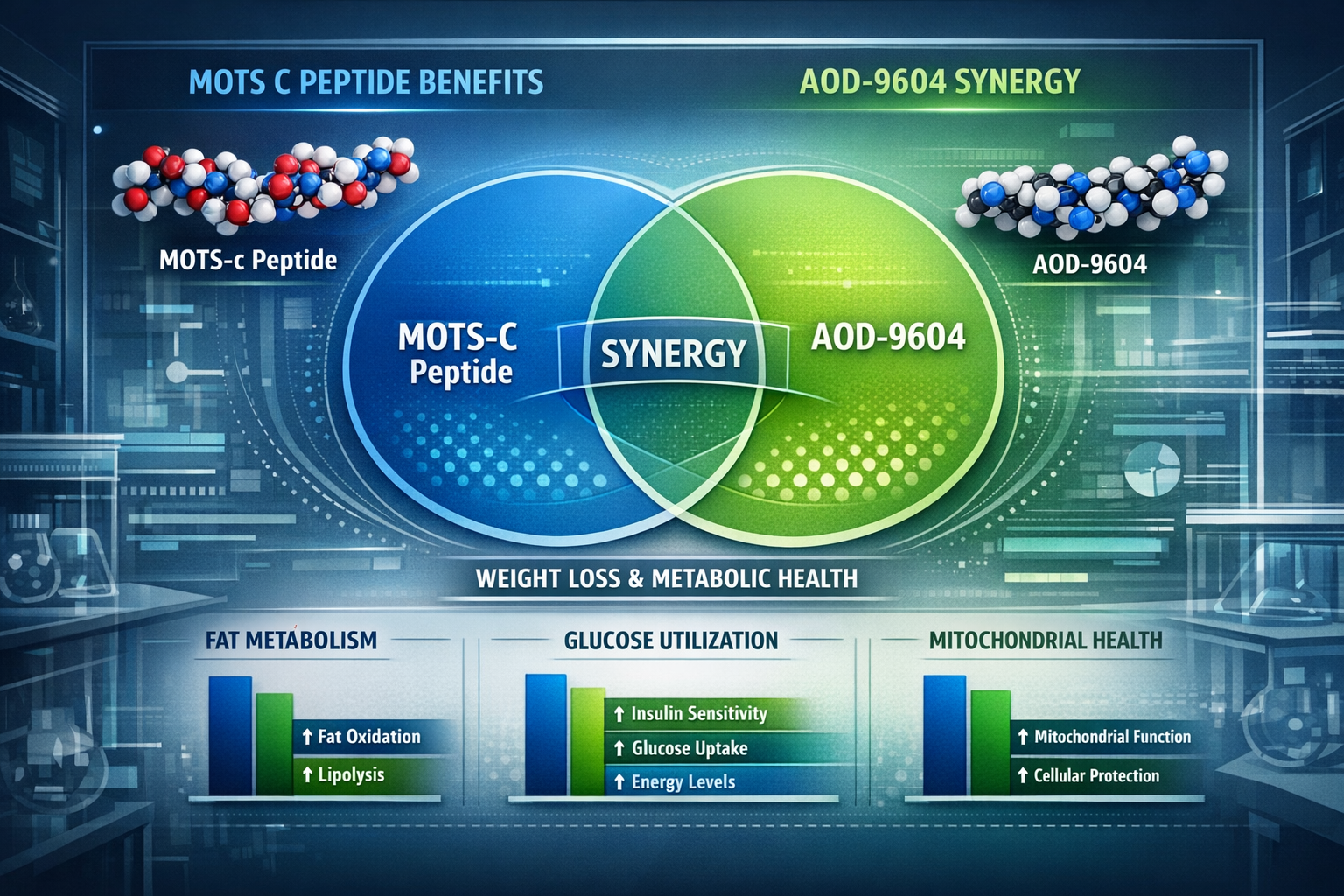 A comparative chart or diagram detailing the research findings and potential synergies between mots c peptide and other popular research pep