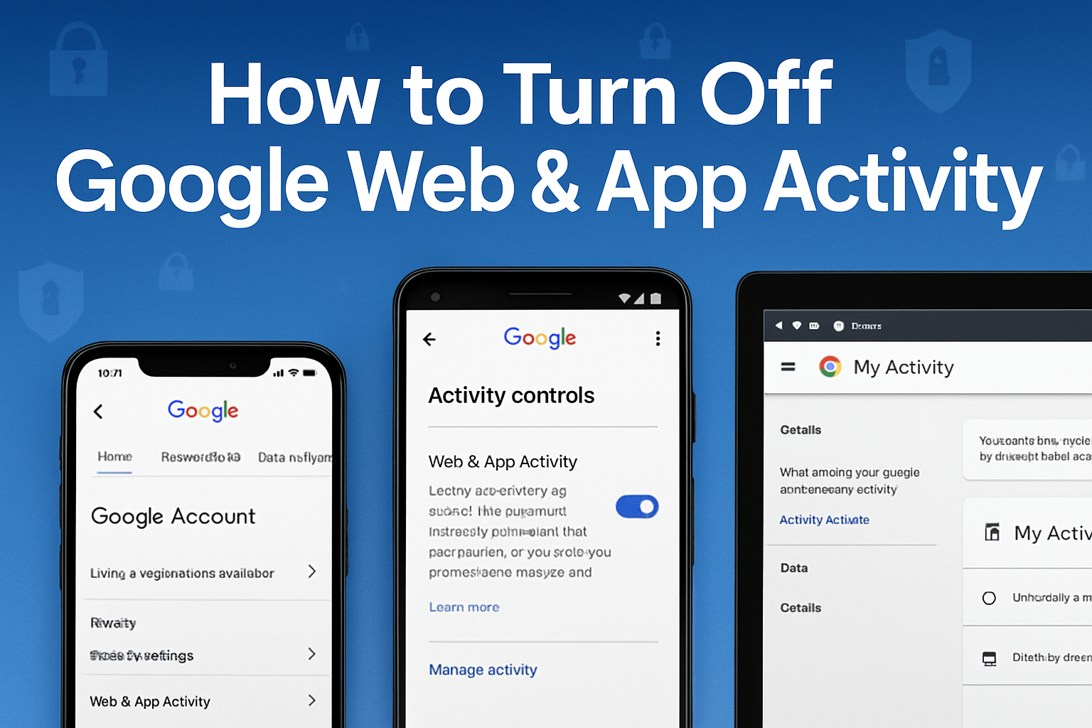 Professional landscape hero image (1536x1024) featuring bold text overlay 'How to Turn Off Google Web & App Activity' in extra large 72pt wh