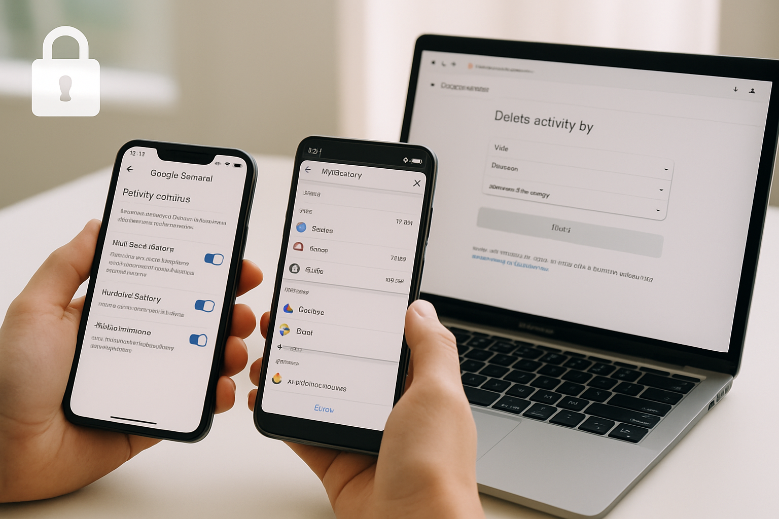 Detailed landscape editorial photograph (1536x1024) showing hands holding three devices simultaneously in organized composition: iPhone on l