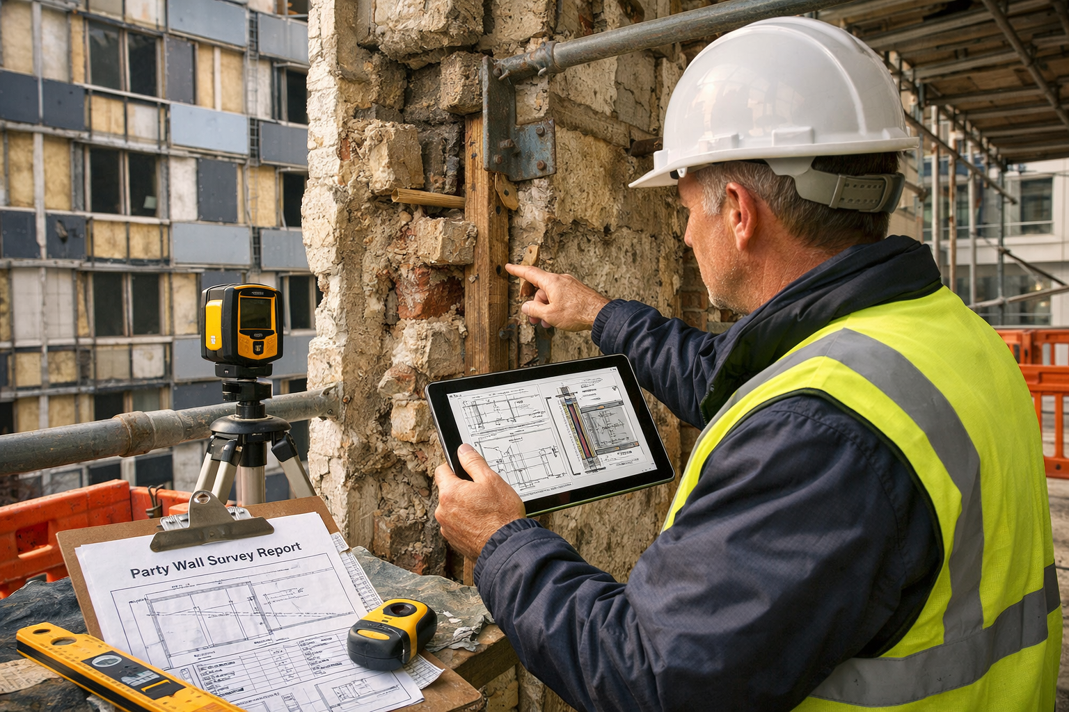 Detailed () editorial image showing close-up of professional party wall surveyor in hard hat and high-visibility vest