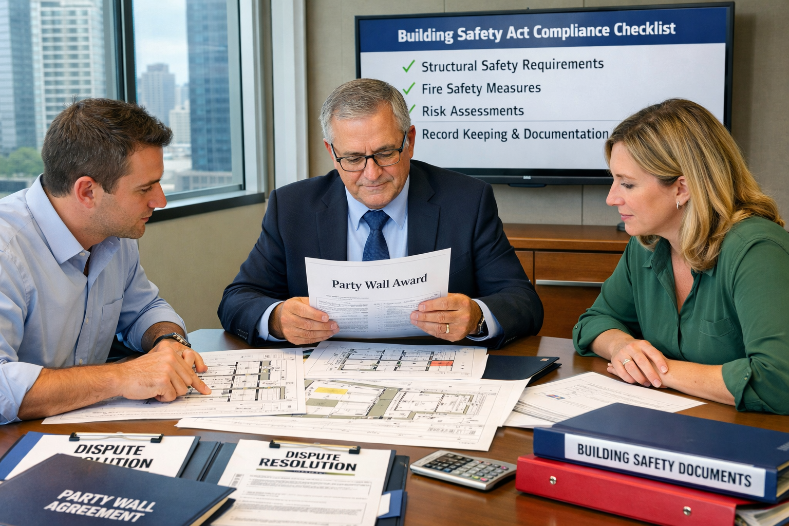Detailed () editorial image showing professional mediation meeting for party wall dispute resolution in modern conference