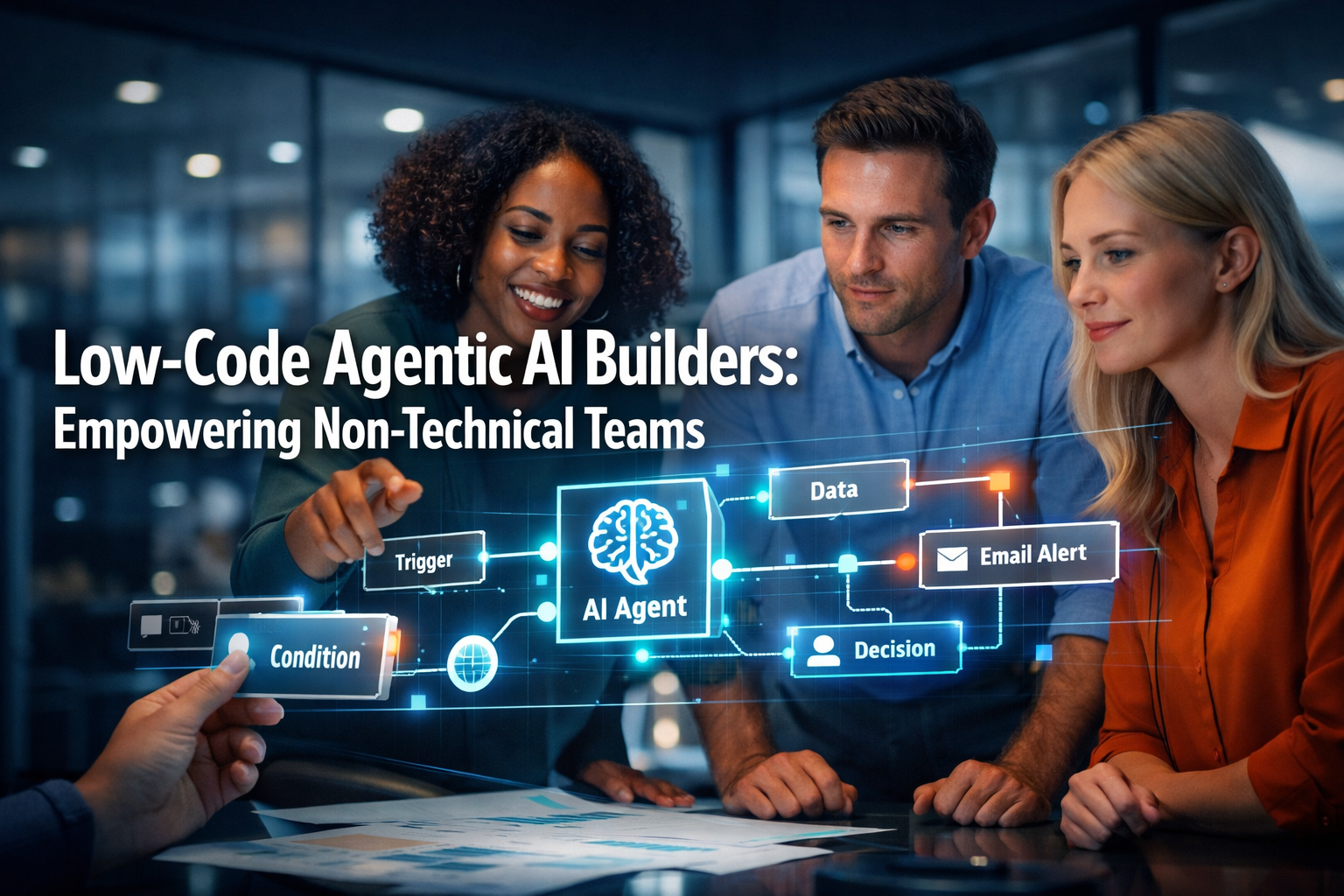 Professional () hero image featuring 'Low-Code Agentic AI Builders: Empowering Non-Technical Teams' in extra large white