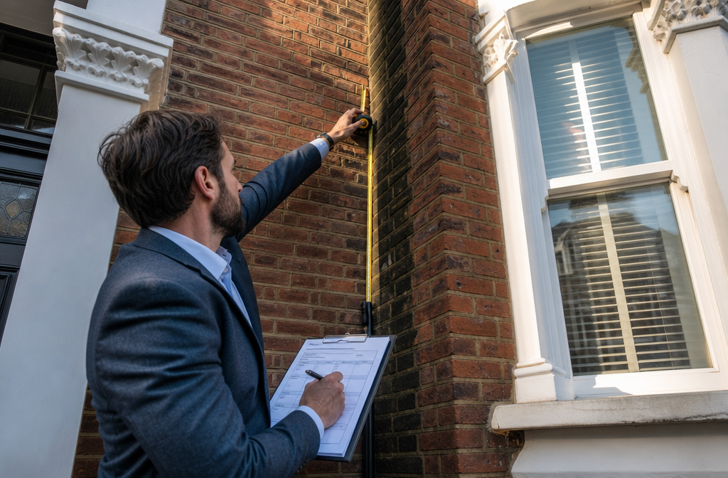 Wide-angle () showing a professional building surveyor in formal attire examining a shared brick party wall between two