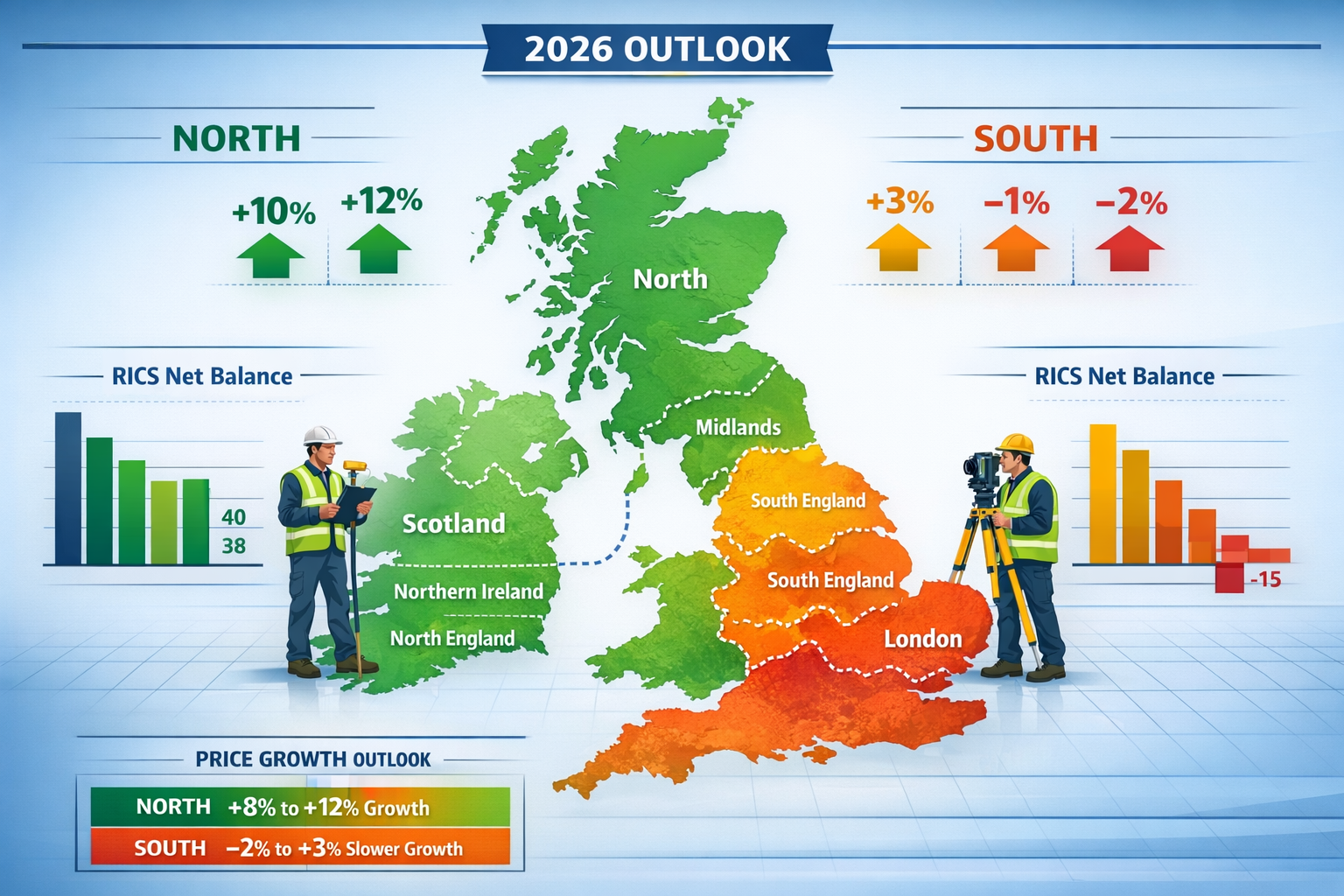 Landscape format (1536x1024) detailed infographic showing UK map divided into North-South regions with color-coded price differential zones.