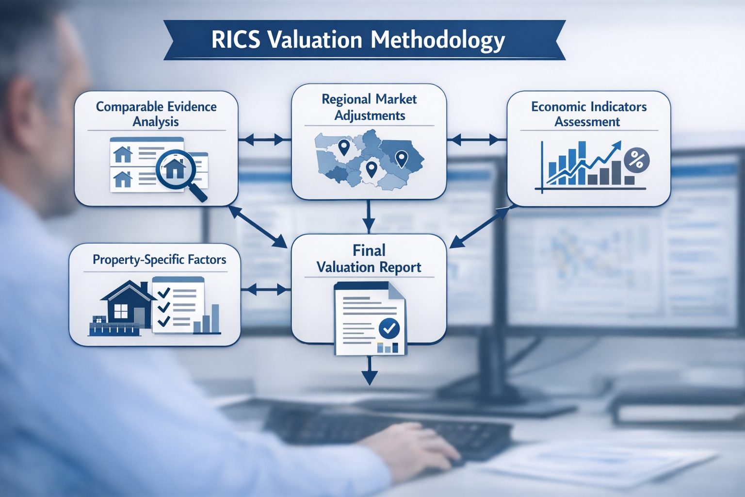Landscape format (1536x1024) professional composition showing RICS-compliant valuation methodology flowchart. Central diagram displays five