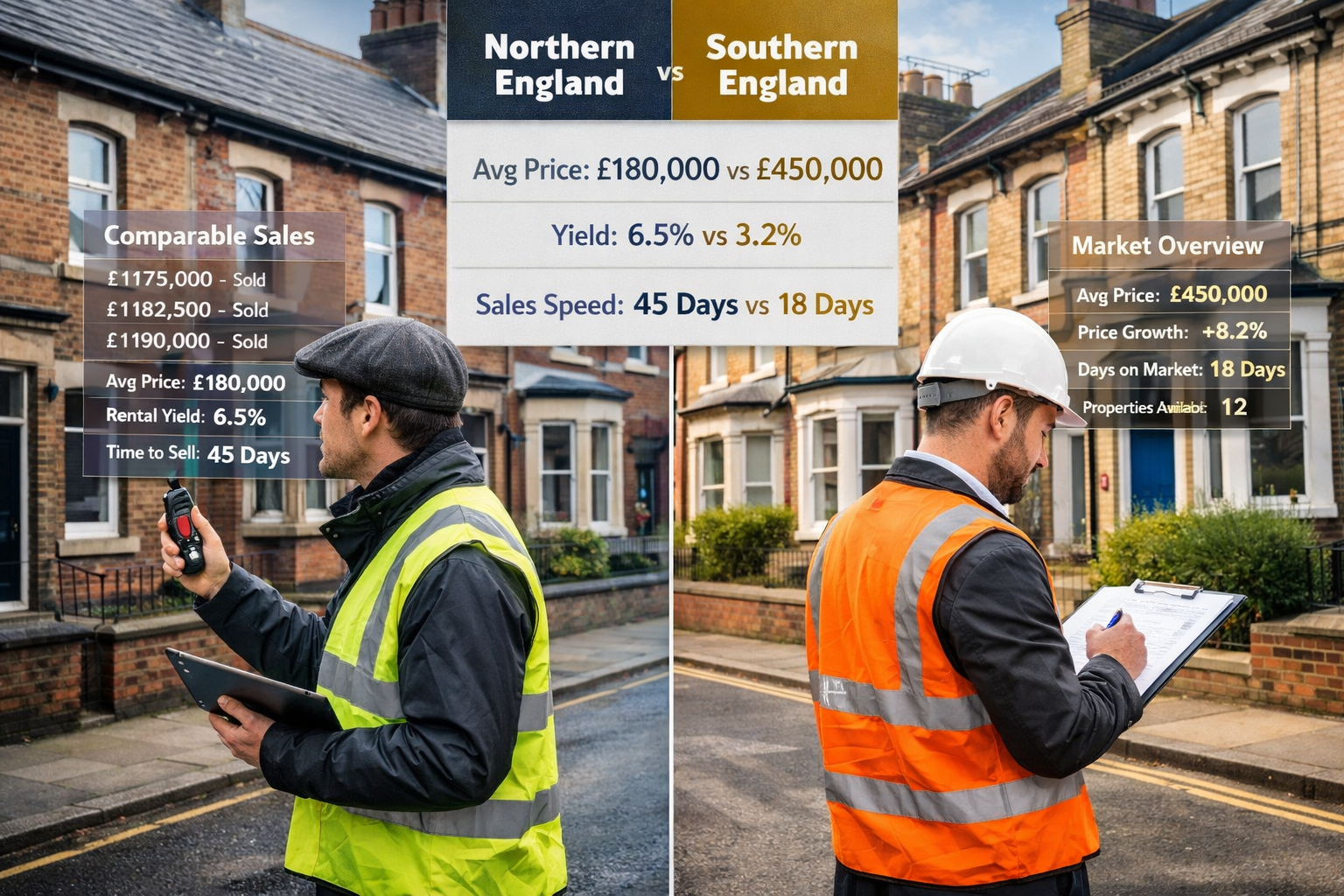 Landscape format (1536x1024) split comparison image showing two professional surveyors conducting regional assessments. Left panel: surveyor