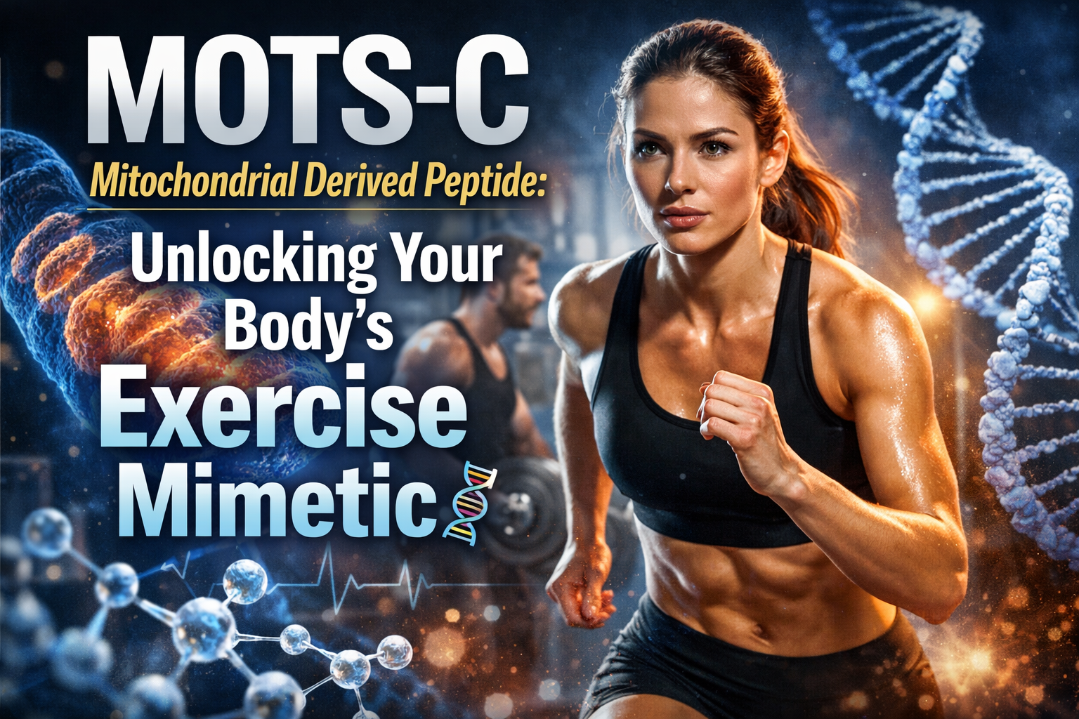 Professional hero image with bold text overlay: "MOTS-C Mitochondrial Derived Peptide: Unlocking Your Body's Exercise Mimetic 🧬". Modern de