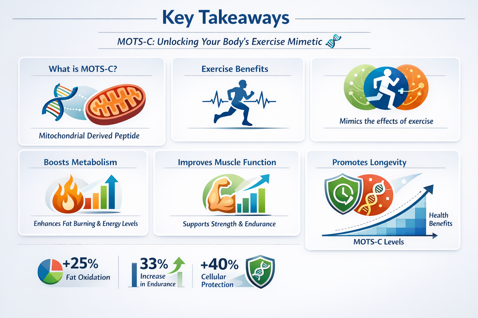 Professional infographic for article "MOTS-C Mitochondrial Derived Peptide: Unlocking Your Body's Exercise Mimetic 🧬", section: "Key Takeaw
