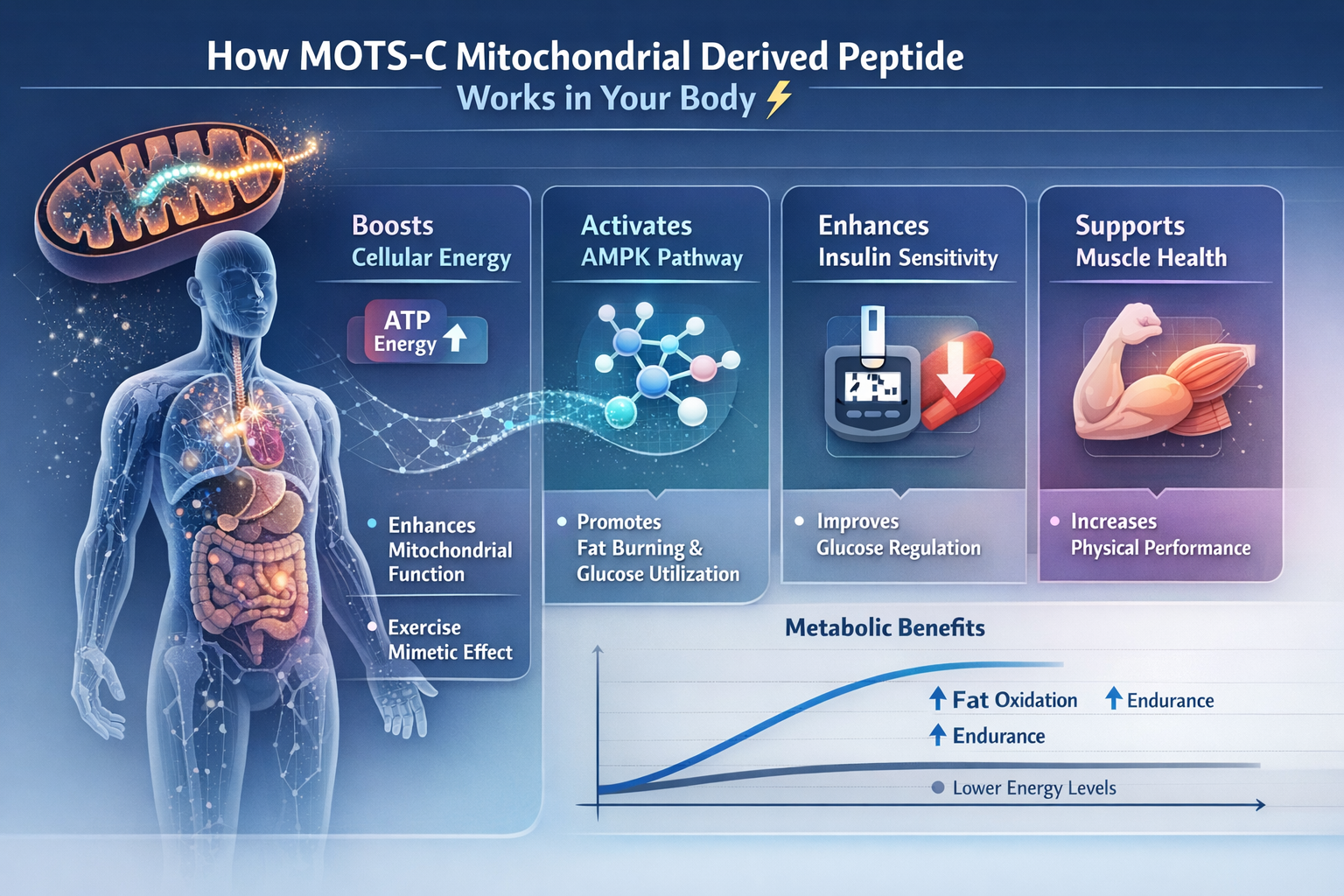 Professional infographic for article "MOTS-C Mitochondrial Derived Peptide: Unlocking Your Body's Exercise Mimetic 🧬", section: "How MOTS-C