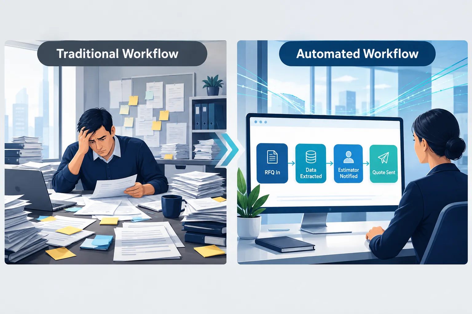 Click to regenerate this image Before vs. After: Traditional Workflow vs. Automated RFQ Workflow