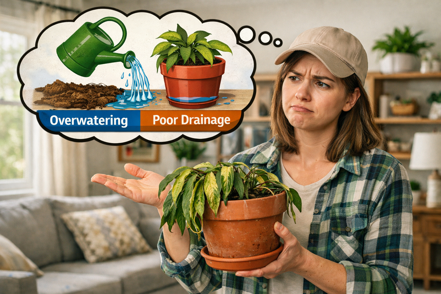 Detailed () image showing a confused beginner gardener in the USA, holding a drooping houseplant. A thought bubble above