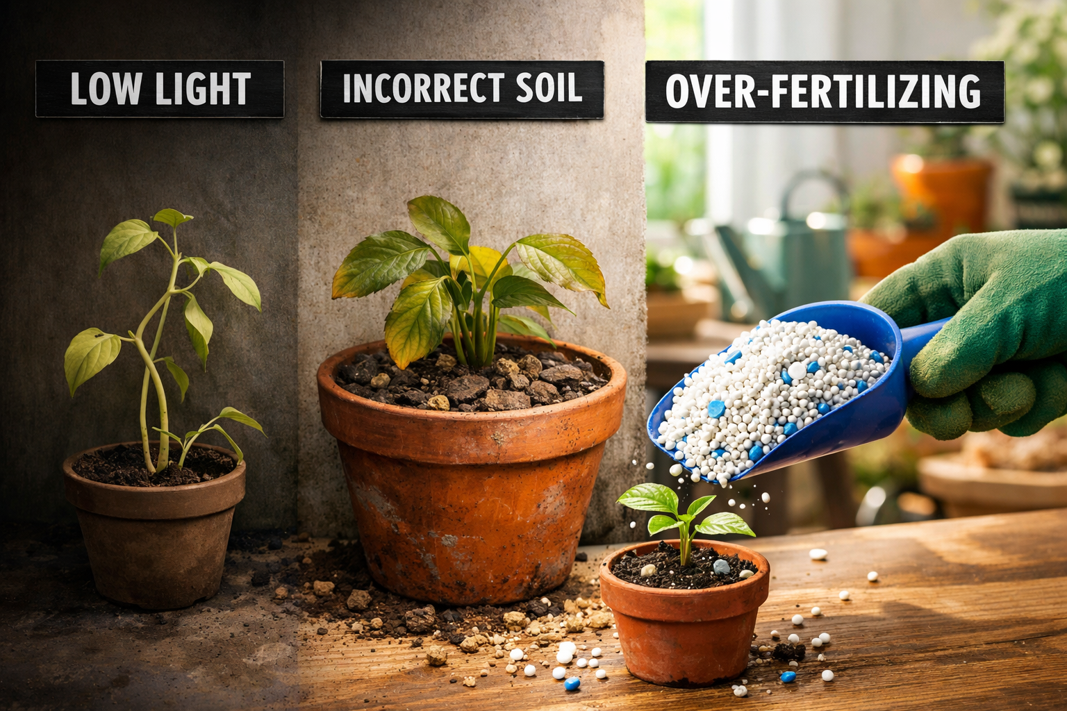Detailed () image illustrating a sequence of plant care errors related to light, soil, and nutrients. On one side, a small