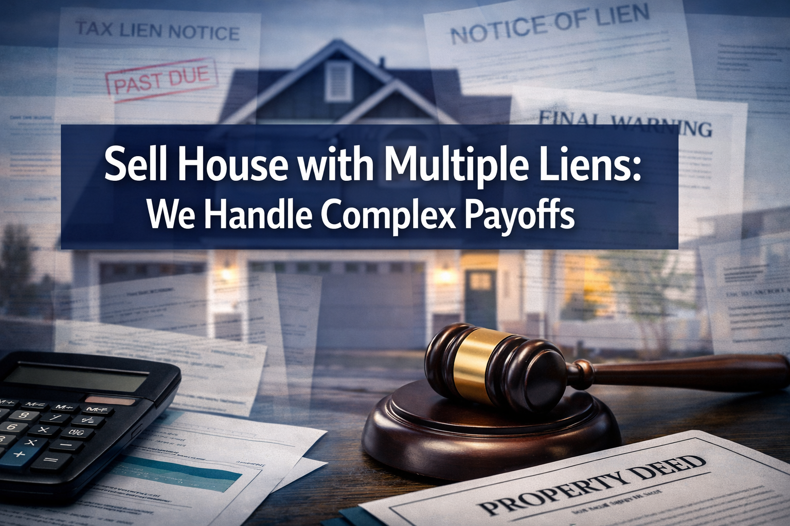 Professional landscape format (1536x1024) hero image featuring bold text overlay 'Sell House with Multiple Liens: We Handle Complex Payoffs'