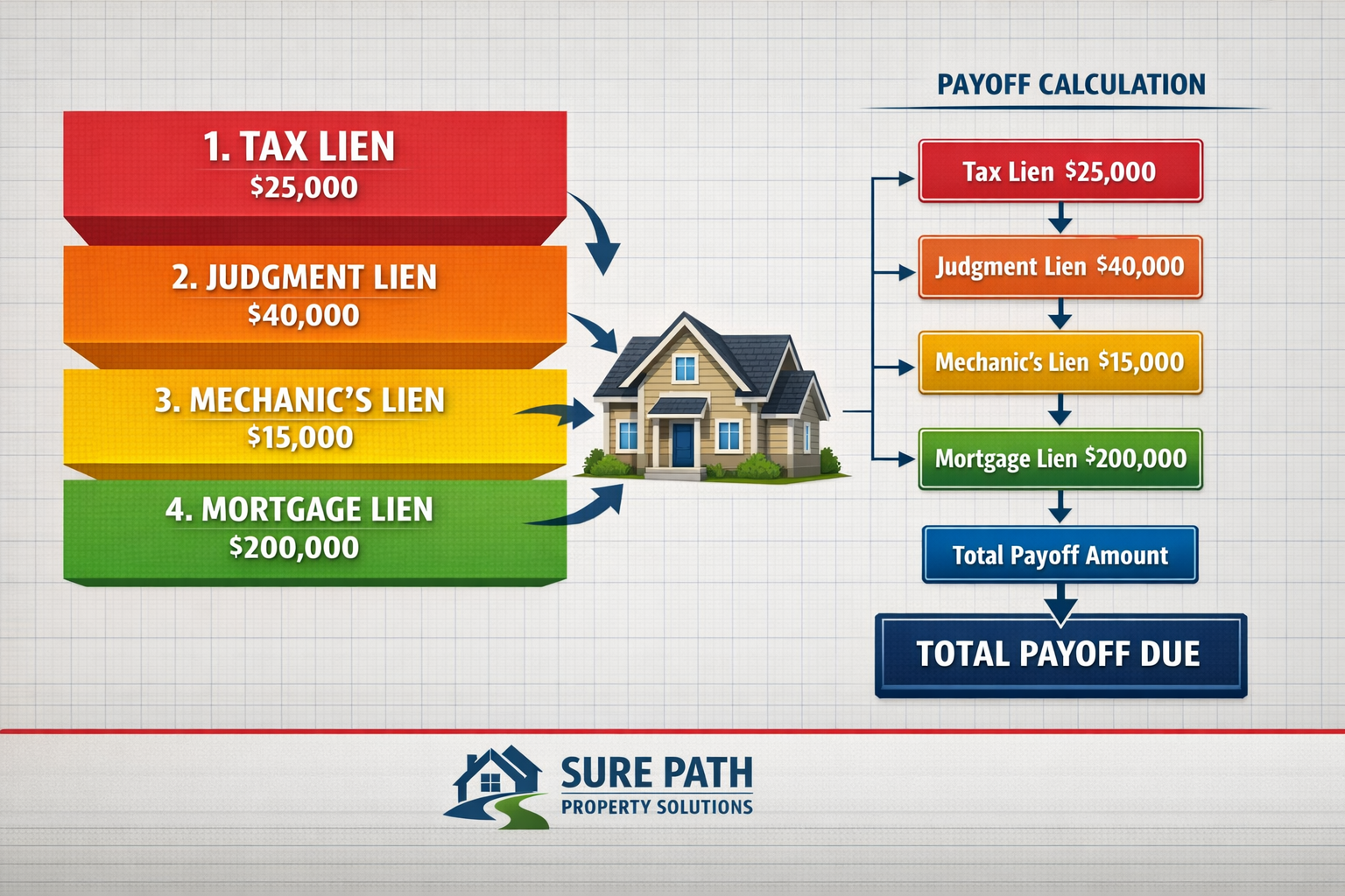 Landscape format (1536x1024) detailed infographic showing visual hierarchy of multiple property liens stacked vertically like layers, each r
