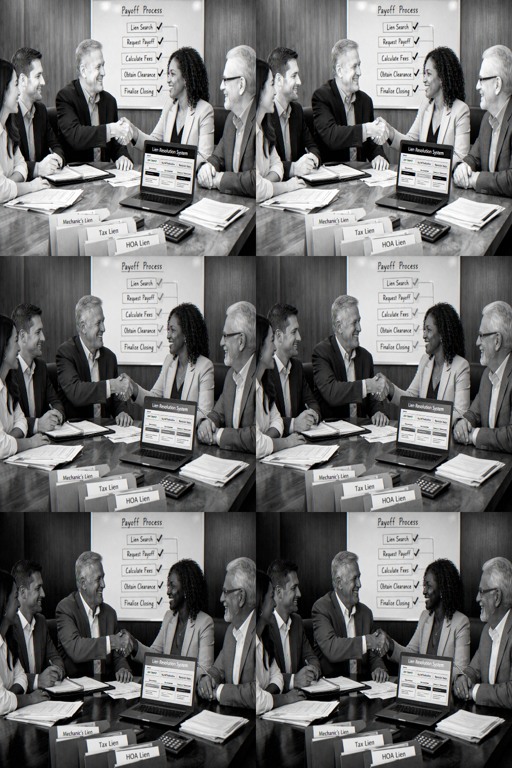 Landscape format (1536x1024) professional photograph showing diverse team of title professionals and real estate experts collaborating aroun