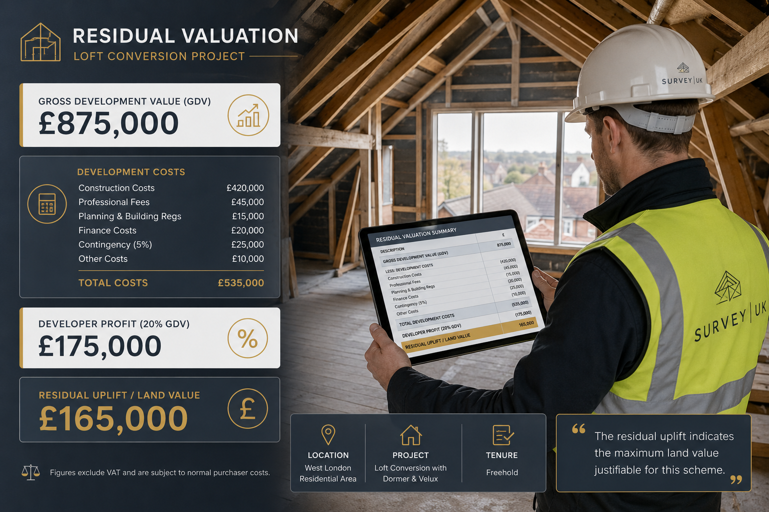 Detailed () infographic-style illustration showing a UK surveyor in a hard hat reviewing a residual valuation spreadsheet on