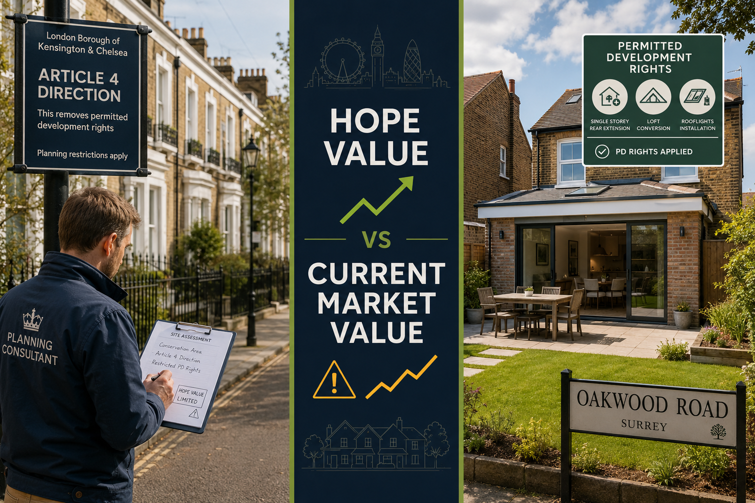 () split comparison scene: left side shows a London conservation area street with Article 4 direction signage and a surveyor