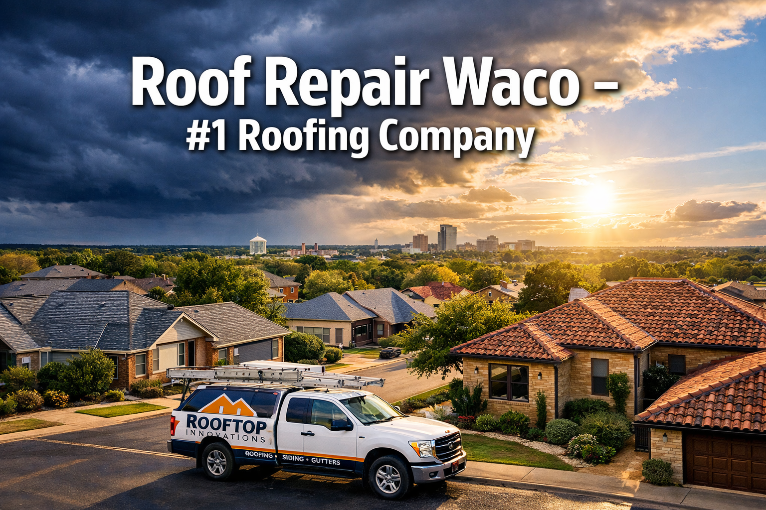 Professional landscape hero image (1536x1024) featuring bold text overlay 'Roof Repair Waco - #1 Roofing Company' in extra large 72pt white 