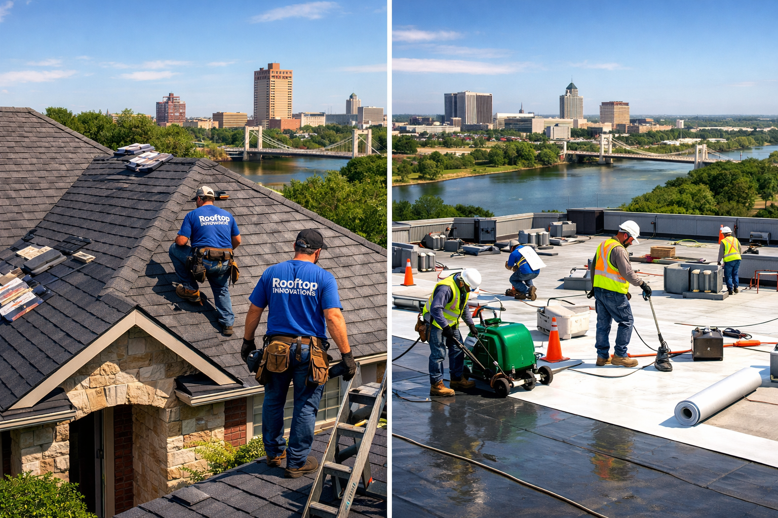 Split-screen landscape image (1536x1024) comparing residential and commercial roofing projects in Waco. Left side shows beautiful suburban h