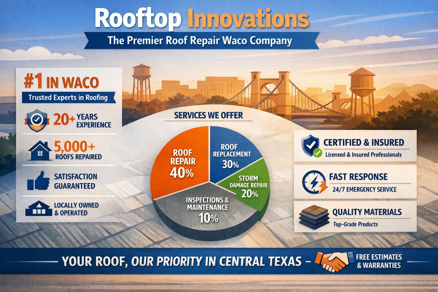 Professional landscape infographic (1536x1024) for article "Roof Repair Waco: Your Complete Guide to Professional Roofing Services in Centra