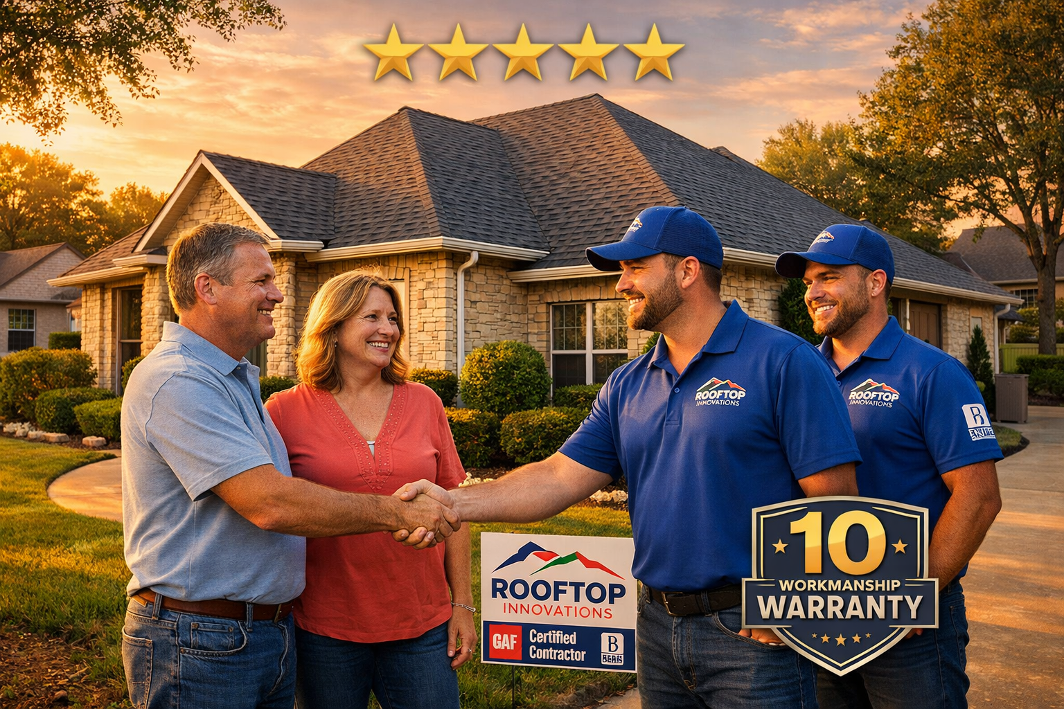 Professional landscape image (1536x1024) depicting satisfied Waco homeowners shaking hands with Rooftop Innovations team members in front of
