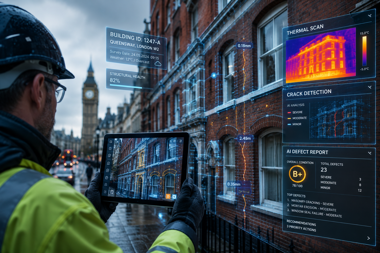 Wide-angle () showing a modern surveyor using a tablet with augmented reality displaying real-time structural data on a