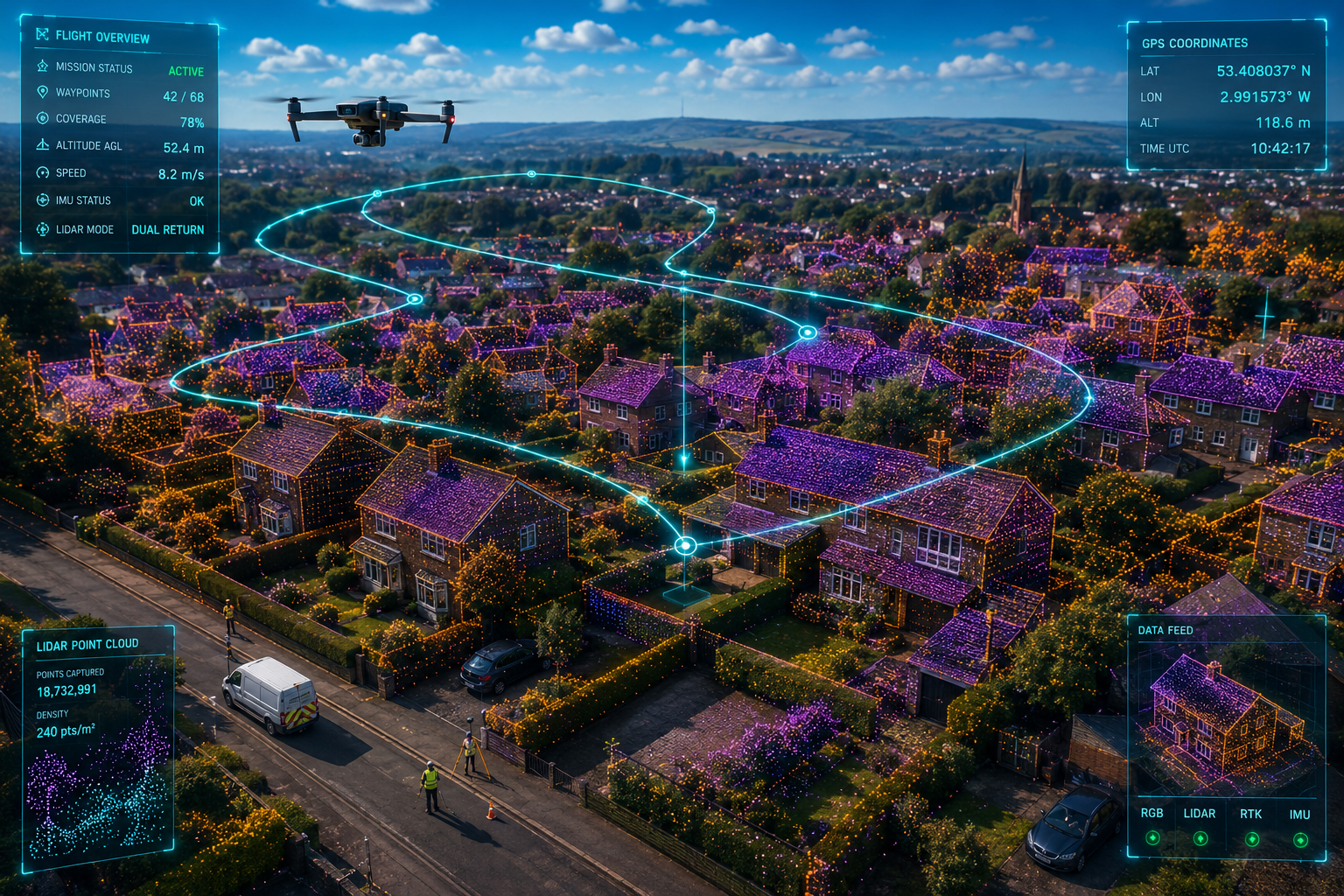 Aerial drone perspective () capturing a bird's-eye view of a residential UK neighbourhood with visible drone flight paths