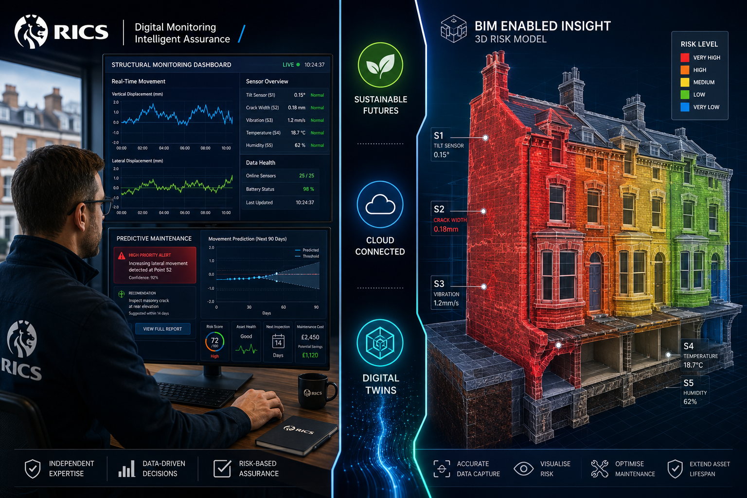 () split-panel infographic-style image: left panel shows a professional RICS surveyor at a desk reviewing a digital