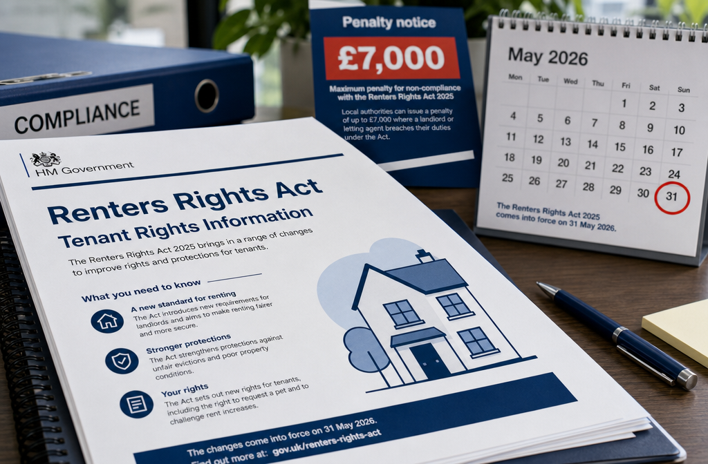 () editorial illustration showing a close-up of an official government information sheet document labeled 'Renters Rights
